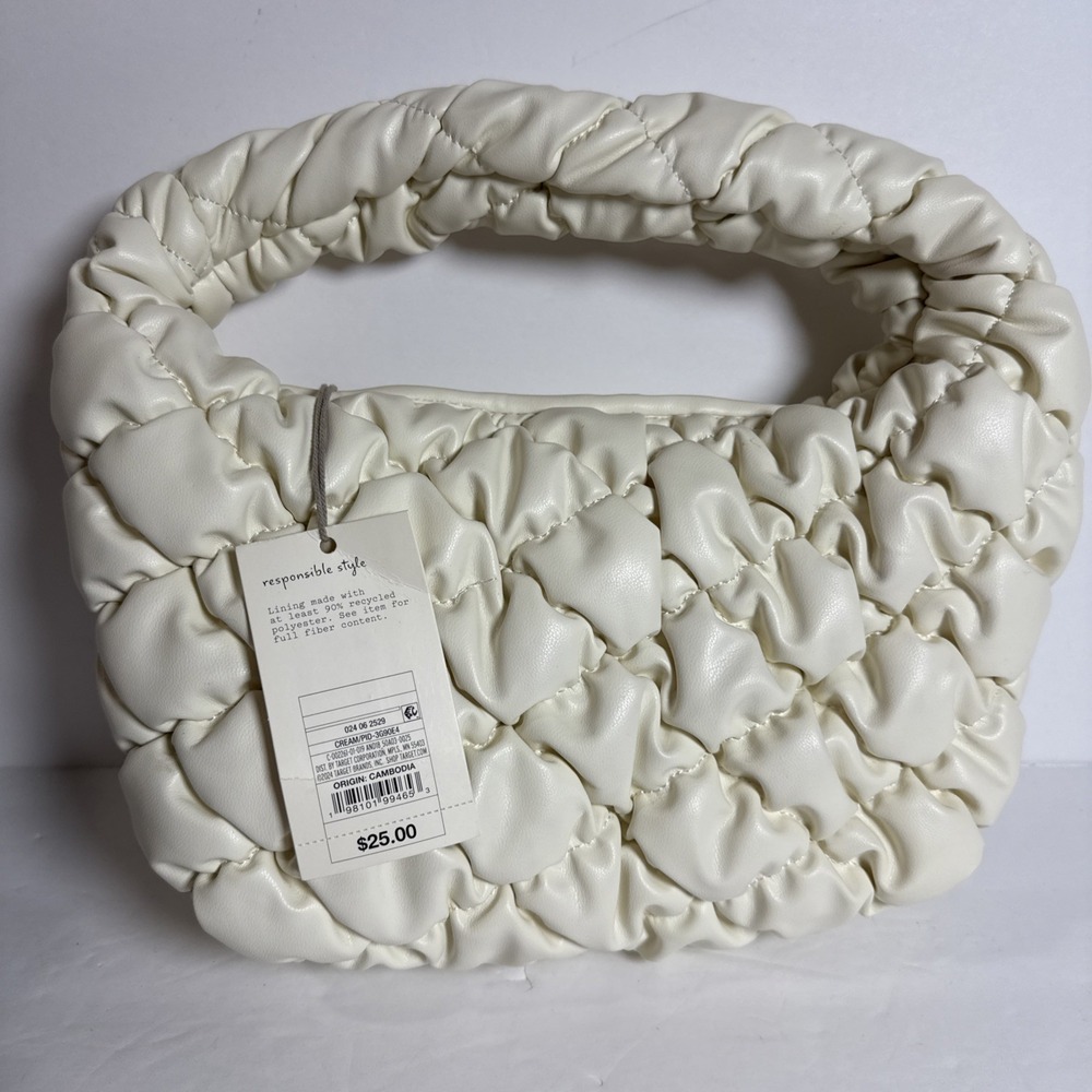 A New Day Cream Bubble Quilted Handbag‎ Top Handle, NEW 12x8 In